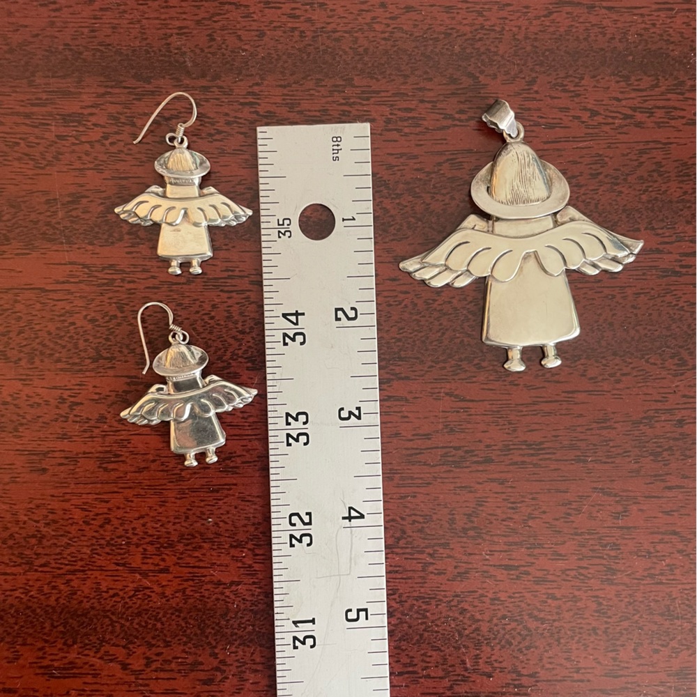 Vintage Sterling Silver 925 Christmas Angel Wings Earrings and Pendant Large Set